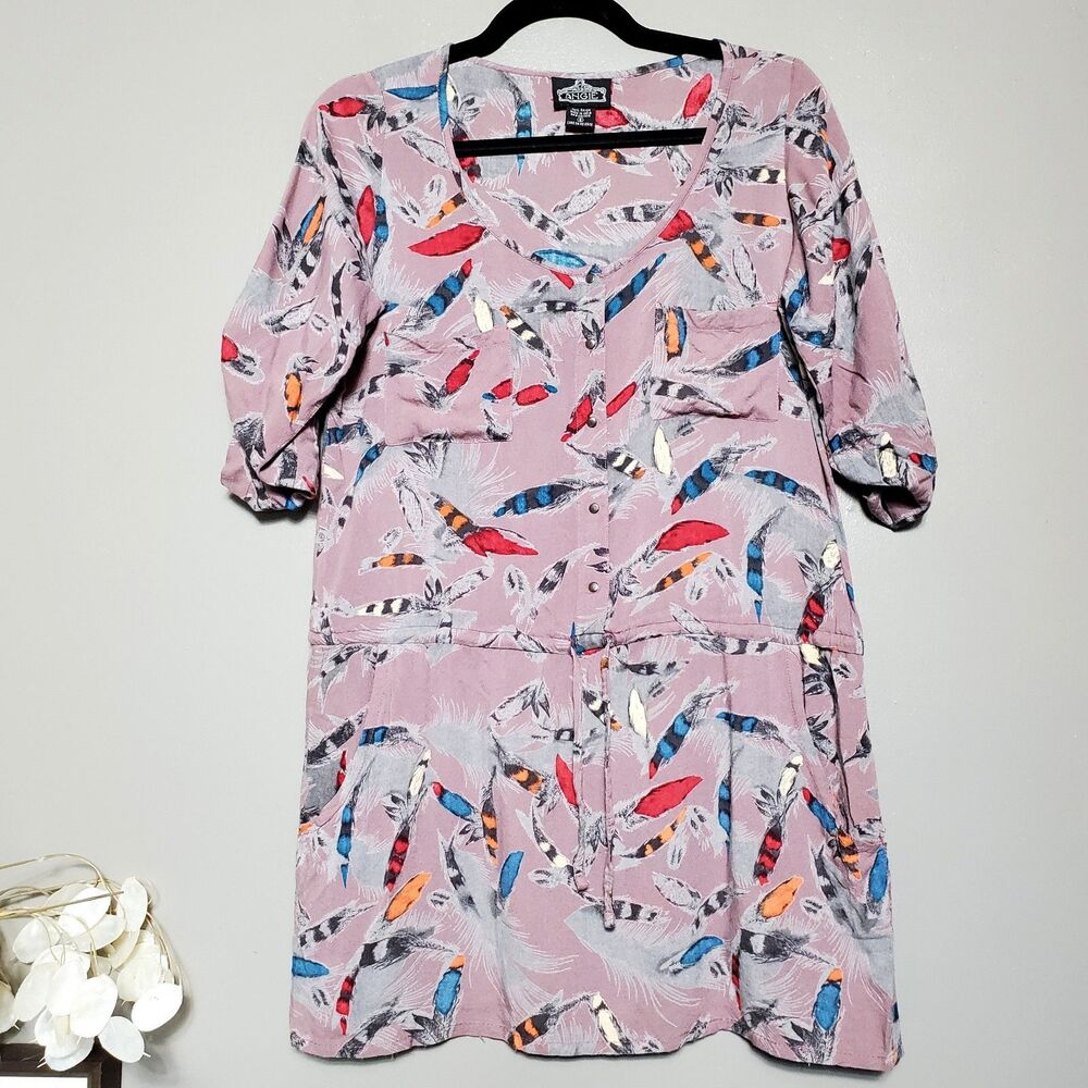 Angie Tunic Top Size Small Purple Feather Print Button Front Tie Waist Pockets